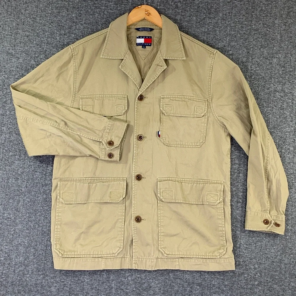 VTG Tommy Hilfiger Chore Jacket Men Small Beige Safari Utility Y2K Baggy